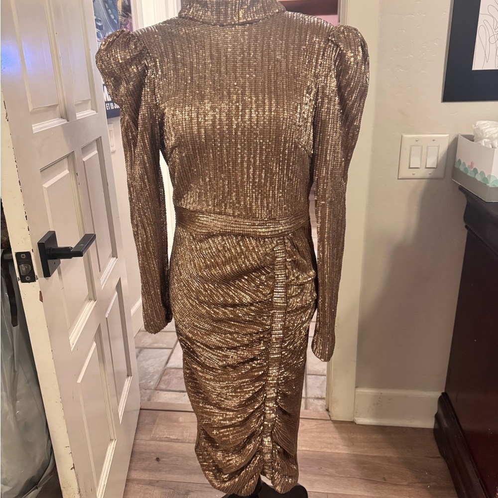 Lavish Alice Gold Bodycon Dress with Puff Sleeves